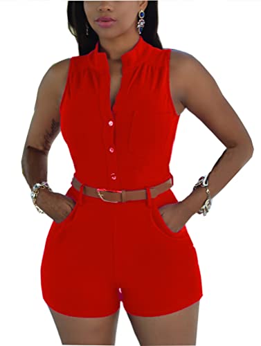 Fudaolee Mujer Monos Mujer Casual Summer Romper V Cuello Manga Corta Playa elástica Pantalones Cortos de Moda Traje Cinturón a Juego S-XXL Cover