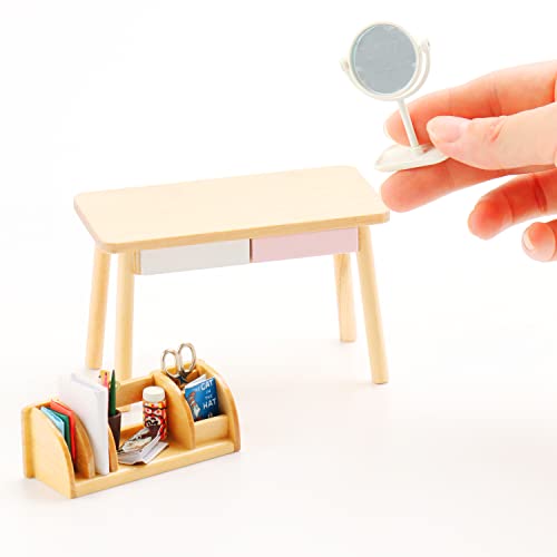3 Pcs Mini Study Room Miniature Table Bookshelf Mirror Dollhouse Accessories For Doll 1/6 1/12 Scale #TOP3