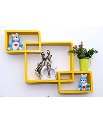 Image of Wooden handicrafts Wooden Stylish Wall Rack Shelves Set of Wall Shelves MDF -Medium Density Fiber Home Decoration Wall Decor (Yellow, Interlock 3)