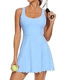 Tanou Womens Tennis Dress with Separated Shorts & Bra U Neck Golf Sleeveless Athletic Workout Scalloped Dress with 2 Pockets Light Blue Small
