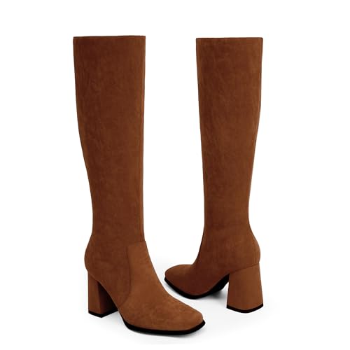 Image of Modatope Knee High Boots Women Chunky Heel Square Toe Fashion Tall Boots | Side Zipper pu Leather Tall Boots,Chunky Heel 70s Gogo Boots,Fashion Heeled Fall Winter Boots,Long Dressy Boots for Women