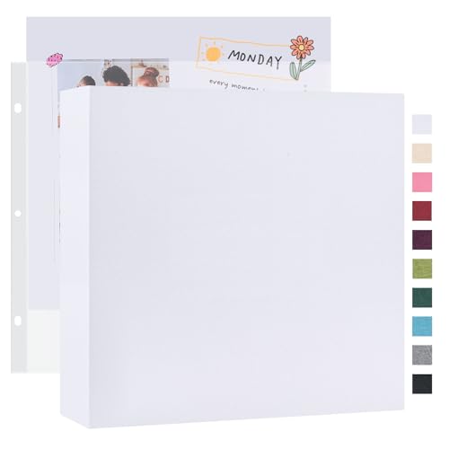 Mublalbum 12x12 Inch Large 3 Ring DIY Scrapbook Photo Album with 40 Plastic Sleeves 80 Pages Linen Cover Folder Binder for Baby Travel Wedding Couple Anniversary and DIY Projects (White)