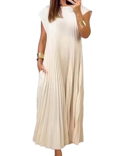 Image of SEMATOMALA Women's Pleated Short Sleeve Maxi Dress Crewneck Loose Fit Flowy Swing Long Dress with Pockets