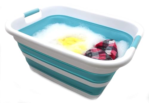 Image of SAMMART 41L(10.8 gallon) Collapsible Plastic Laundry Basket-Foldable Pop Up Storage Container-Portable Washing Tub-Space Saving Basket,Water capacity 31L(8.2 gallon) (1, Bright Blue)