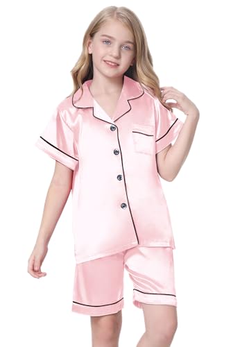Image of Schbbbta Girls Womens Pajamas, Satin Silky Pjs Set Kids 2Pcs Button-Down Nightwear Sleepwear Gift for Mommy and me