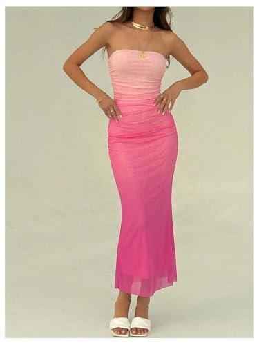 Image of GORGLITTER Women's Sunset Ombre Strapless Cocktail Bridal Shower Midi Dress | Orange Wedding Guest Dress, Mesh Tube Dress, Bridesmaid Dresses, Vacation Beach Sundresses,