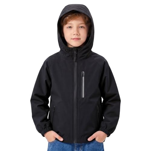 FILOWA Veste Imperméable Garçons Réfléchissant Veste de Pluie Coupe-Vent Blouson Imperméable à Capuche Camping Manteau Printemps École Randonnée...