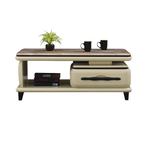 Image of Royaloak Boston American Marble Center Table | Art Marble | HDF with High Glossy Finish | Drawer Storage | American Collection | Durable & Long-Lasting | Wooden Block Tapered Legs