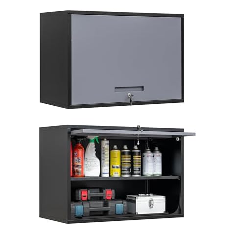 BYNSOE Metal Wall Storage Cabinet with Lock 2 Shelving Garage Storage Cabinet with Flip-Up Door Hanging Garage Cabinet for Kitchen Home Workshop,Assembly Required (Black Gray, 21.6''H) Cover