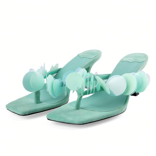 Goolita Women's Suede Sequin Kitten Heels Flip Flops Open Square Toe Strappy Thong Slide Heeled Sandals Comfort Prom Party Mules Heels