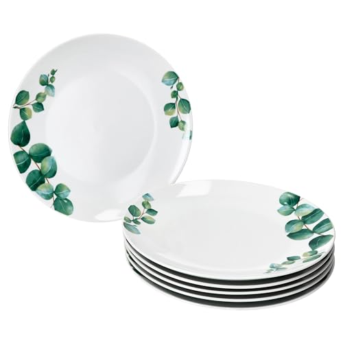 MamboCat Lot de 6 assiettes plates en eucalyptus I Ø 27 cm I Assiettes en porcelaine blanche pour 6 personnes avec décor de plantes vertes I Grandes...