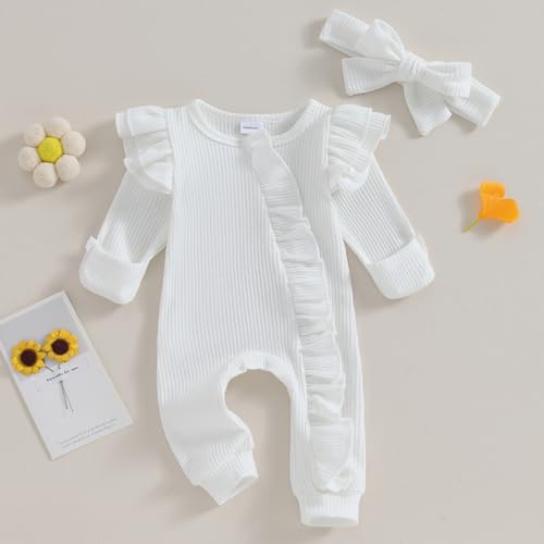 FYBITBO Infant Baby Girl Clothing Waffle Knit Romper Ruffle Jumpsuit Zipper Onesie Outfit Newborn Coming Home Clothes3