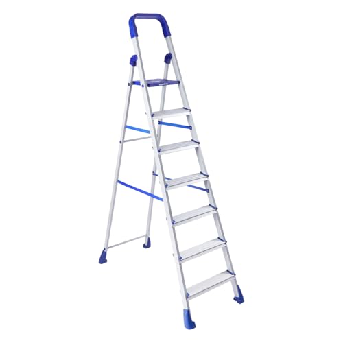 Image of Amazon Basics Clamber Pro - Foldable 7 Step Ladder, Firm Grip, 7 Steps (Aluminium Steps, Blue & Satin)