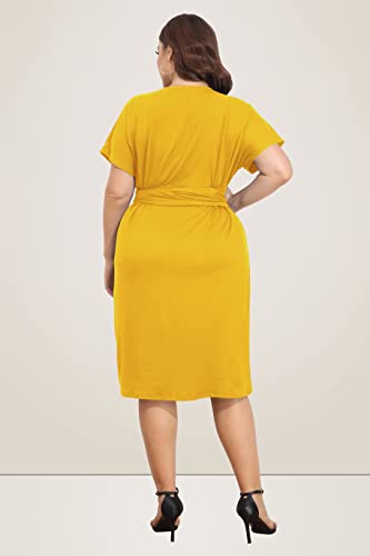 Image of Pinup Fashion Plus Size Dresses for Women Wedding Guest Short Sleeve Tie Front Waist Belted Pencil Work Knee Dress