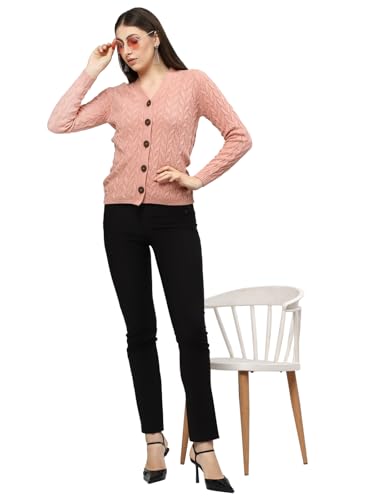 Image of Kalt Women Full Sleeves Cable Button Acrylic V-Neck Sweater