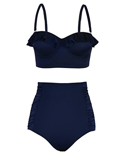 Nonwe Women's 50's Retro Vintage Ruffled High Waisted Two Piece Bikini Swimsuit