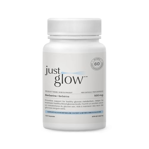 Just Glow Berberine 500mg 120 Capsules - Potency 100% Guaranteed - 3rd Party Tested - Equivalent to Berberine HCl 553mg per Capsule - Supplement Supports Healthy Blood Glucose Levels - Made in Canada (2 Months Supply / 1 Bottle)
