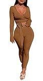VNVNE Women’s 2 Piece Tracksuit Lace-up knitted Crop Top and Long Bodycon Pant Set Sweatsuit Clubwear Outfits, Trending Fall Athletic Two Piece Colthing Sets for Women (Khaki, S)
