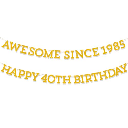 Image of Awesome Since 1985 Banner, Gold Glitter 40th Birthday Garland Decorations for Men and Women Happy 40 Years Old Birthday and Anniversary Party Decor Supplies, Pre-Strung