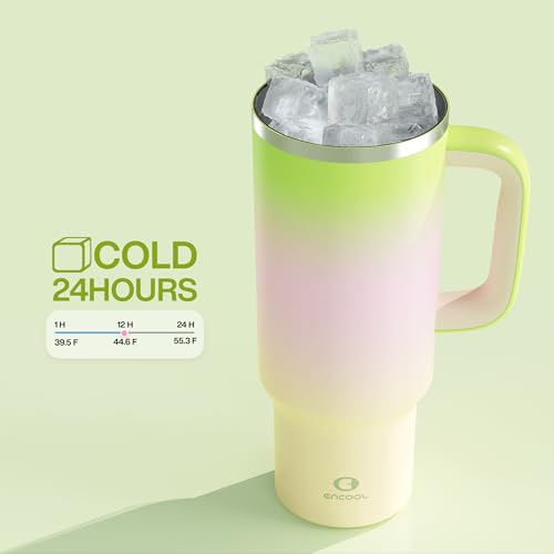 Image of ENCOOL 40 oz Tumbler with Handle and Straw: Stainless Steel Insulated Tumbler Keeps Cold for 24 Hours, Leakproof Travel Cup Fits in Cup Holder and BPA-Free, Morning Dew