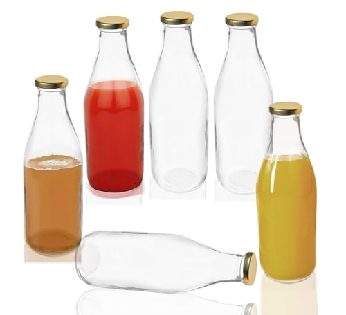 Image of Pure Source India Reusable Leak-Proof 1Litre Glass Bottle with Gold Metal Lid for Beverage & Milk Storage Container (Set of 6)