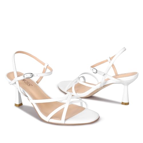 wetkiss White Kitten Heels Women Strappy Low Kitten Heels Comfy Sandals Round Open Toe for Going Out Dressy Dancing Adjustable Ankle Strap, White, Size 8.53