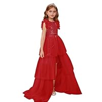 GRACE KARIN Little Girls Princess Maxi Sequin Dresses Pageant Flutter Sleeve Birthday Party Dress for 6-7 Years Old Red