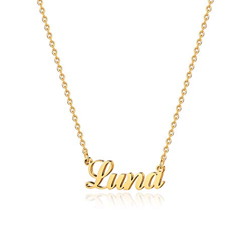 M MOOHAM Gold Luna Name Necklace Personalized - 18K Gold Plated Stainless Steel Customized Name Necklace for Women Her Luna Name Necklace Nameplate Necklace Personalized Gifts