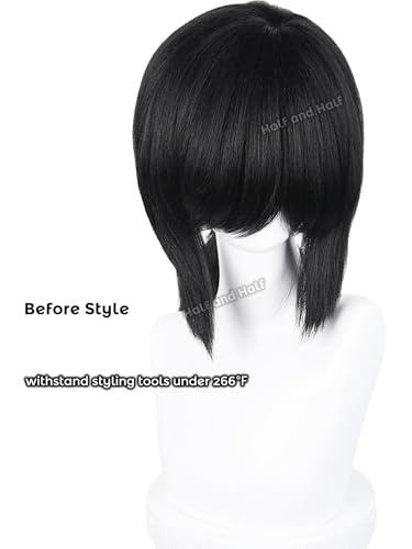 Image of Half and Half Giyuu Cosplay Wig Long Black Low Ponytail Anime Wig with Bangs Giyuu Tomioka Costume Wigs Black Warrior Acrylic Fiber Hair Wig for Women Men Halloween Party