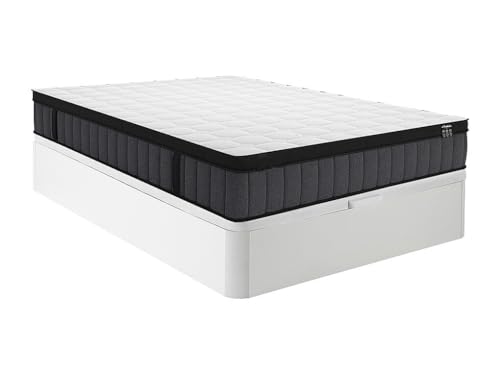 Vente unique Conjunto de Cama con canapé abatible de 140 x 190 cm Blanco + colchón híbrido de muelles ensacados con 7 Zonas y Gel viscoelástico de 25 cm de Grosor   TOLCA de YSMÉE