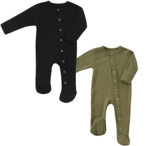 Image of KISBINI Baby Footed Pajamas with Mitten Cuffs Unisex Cotton Snap-up Romper Jumpsuit Sleep and Play 0-12 Months Footies