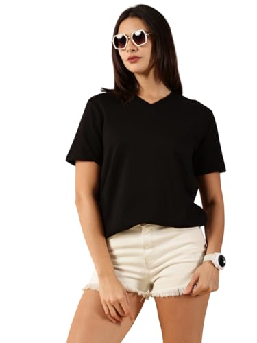 Image of Women's Pure Cotton Relaxed Fit V-Neck Half Sleeve T-Shirt | Gym Wear Casual Look T-Shirt | Regular Fitting with Comfort Wear for Women