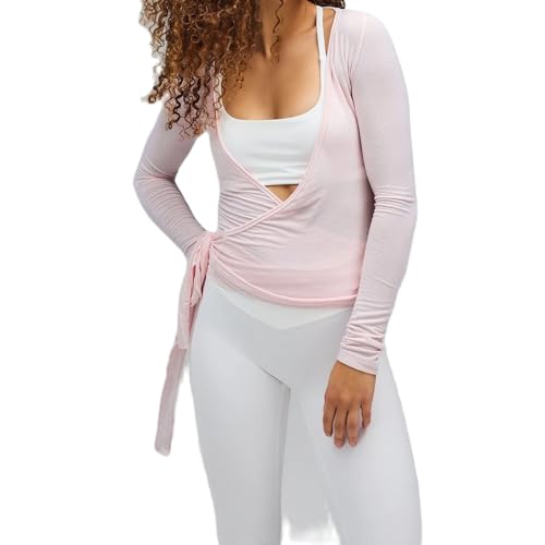 Geagodelia Damen Wickeloberteil Wickelshirt für Ballett Yoga Pilates Elegante Langarmshirt Longsleeve Binden Vorne Oberteil Wrap Top Wickeltop Langarm Bluse Sommer Outfit (A - Pink, S)