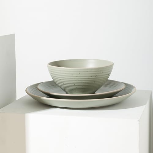 Image of Stone Lain Lauren Stoneware, Rustic Plates and Bowls Set, Dinnerware, Service for 4, Speckled Green, Dishwasher & Microwave Safe, 16-Piece