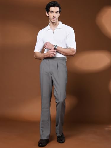 Image of Mens Beige Gurkha Pants with Classic Buckle Closure Premium Casual Bell Bottom Trousers for Men High Waist Pleated Formal & Casual Wear Pant Stylish Retro Flared Bottom Pant