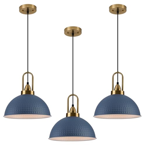 ALAISLYC Blue Pendant Lights Kitchen Island Industrial Adjustable Height Vintage Dome Hanging Light Fixtures for Barn, Dining Room 3 Packs