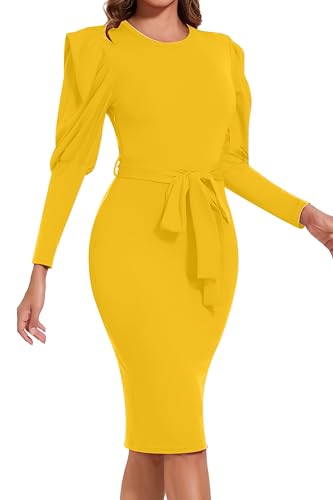 Image of Funeral Church Dresses for Women Formal Long Sleeve Wrap Business Work Dress Vintage Ruched Midi Pencil Dress