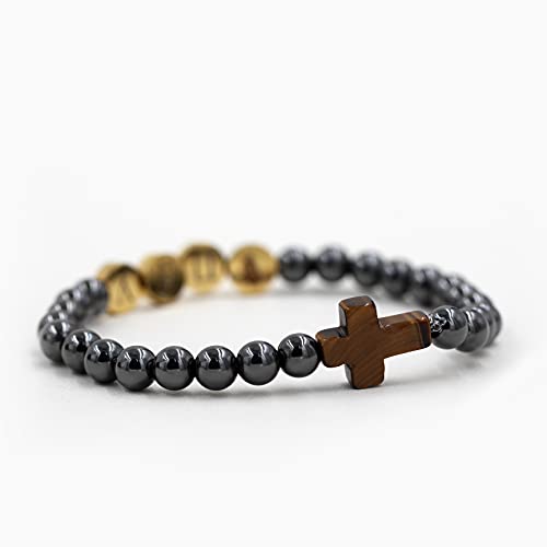Image of Uloveido Black Agate Side Cross Bracelet Mustard Seed Charms, Personalized Letter A-Z Tiger's Eye Bangle Y944