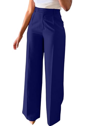 LKOUS Women Blue High Waisted Straight Wide Leg Travel Pants,Trendy Business Office Work Slacks Trousers