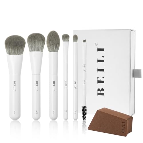 BEILI Mini 6Pcs Makeup Brush Set – Classic White, Professional Makeup Brushes for Foundation, Contour, Highlighter &amp; Blending, Travel-Ready with Sponge