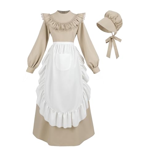 CR ROLECOS Pionierkleid für Damen, florales Präriekleid, langärmelig, Pilger-Kostüm, Kolonial-Kostüm, Khaki, XL