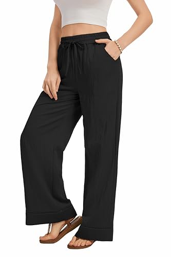 Image of KICZOY Women Flowy Pants Drawstring Waist Wide Leg Palazzo Beach Pants Loose Fit with Pockets