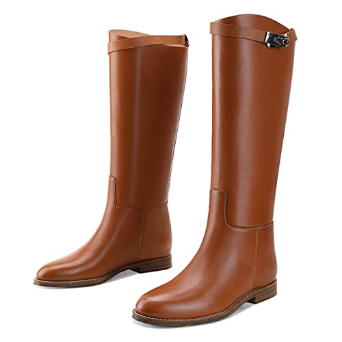 YDN Women Classic Round Toe Under the Knee High Flat Riding Boots Pull on Mental Buckle Wide Calf Booties Combat Walking Boots Size 4-15 US2