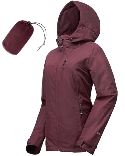 33,000ft Regenjacke Damen Wasserdicht Outdoorjacke Atmungsaktiv Herbst Übergangsjacke Leichte Jacke mit Kapuze Windbreaker zum Wandern Reisen Treking Fahrrad (Weinrot 44)