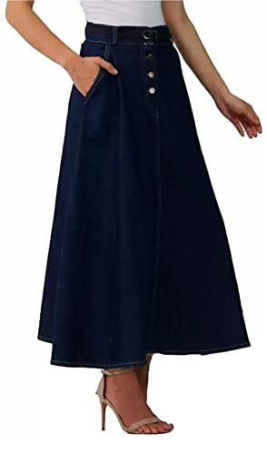 Women's Navy Blue Side Pocket Buttoned A-Line Maxi Denim Skirt-image-28