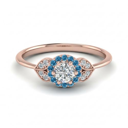 Image of Rose Gold Plated Diamond CZ & Blue Sapphire Petal Halo Engagement Ring for Women, Petite Round Shape Wedding & Everyday Jewelry, Handmade Gift for Wife US Size 4-12