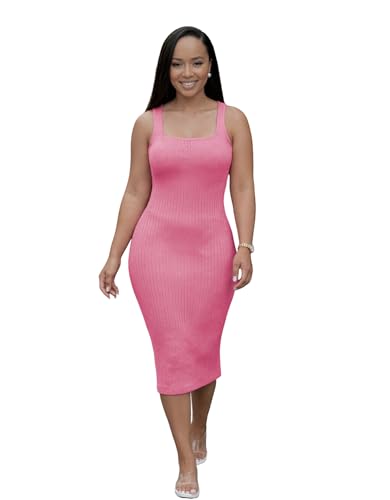 Image of TOPSRANI Women Sexy Midi Dress Bodycon Casual Sleeveless Basic Ruched Tank Summer Club Party Dresses