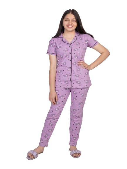 Cotton Trendy Printed Night Suit for Girls with Elegant Design | Super Soft Comfortable Night Dress | Sleep Wear | Shirt and Pyjama Set (Cat, Purple)