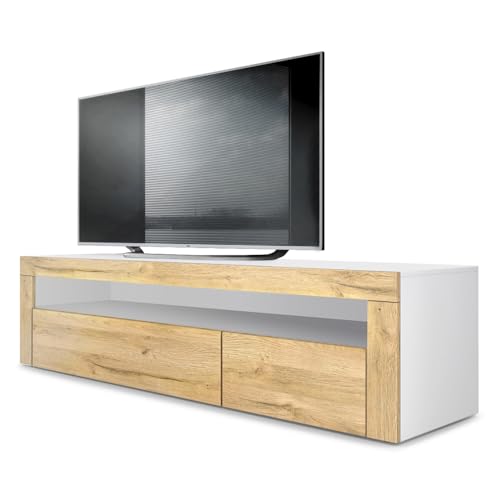 Vladon Mueble TV Valencia, Cómoda TV con 1 Compartimento Abierto y 2 Puertas abatibles, Blanco Mate/Roble Natural/Roble Natural (155 x 46 x 40 cm)