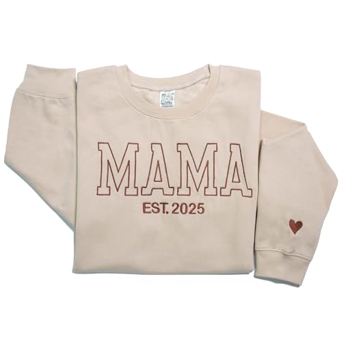 Image of LullabyMall Personalized Embroidered Mama EST Sweatshirt For Women, Custom Gifts for Mother's Day Chirstmas Birthday for Mama